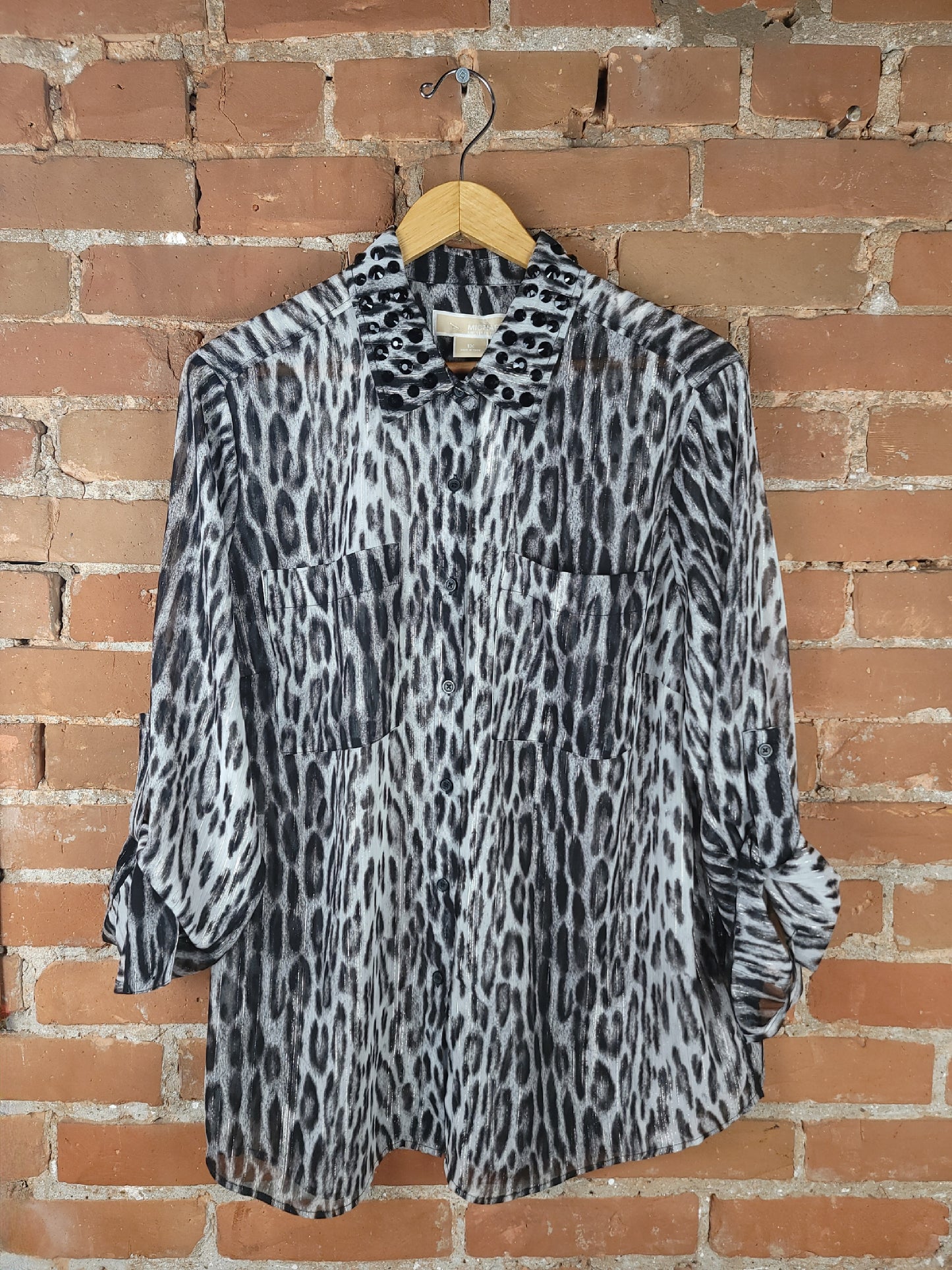 Michael Kors Black and Grey Cheetah Print Long Sleeve Button-Up