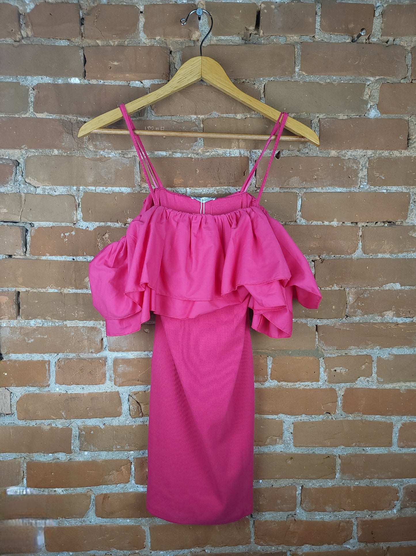 Zara Hot Pink Off The Shoulder Ruffled Dress