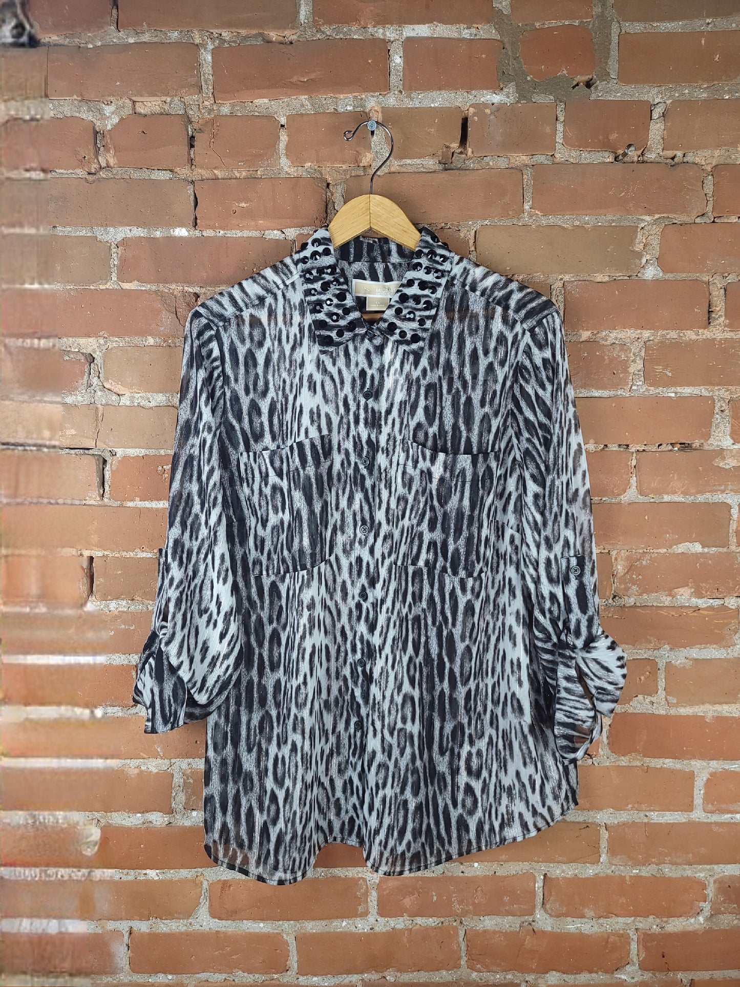 Michael Kors Black and Grey Cheetah Print Long Sleeve Button-Up